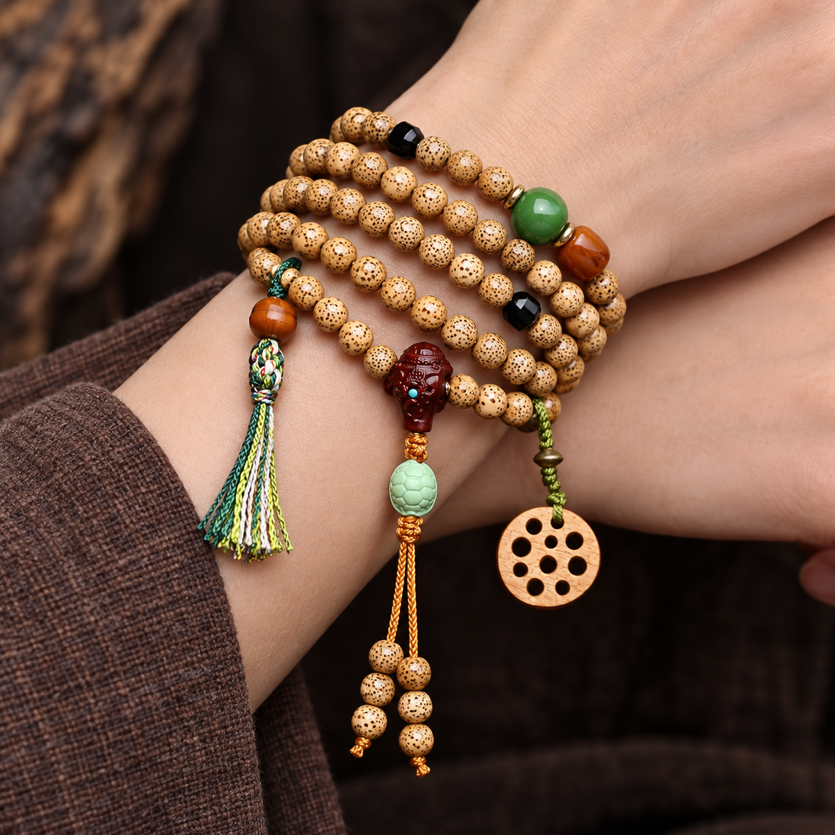 EverestArtstudios Xingyue Bodhi 108-Bead Mala with Sandalwood and Carved Wood Accents — wrist crossed