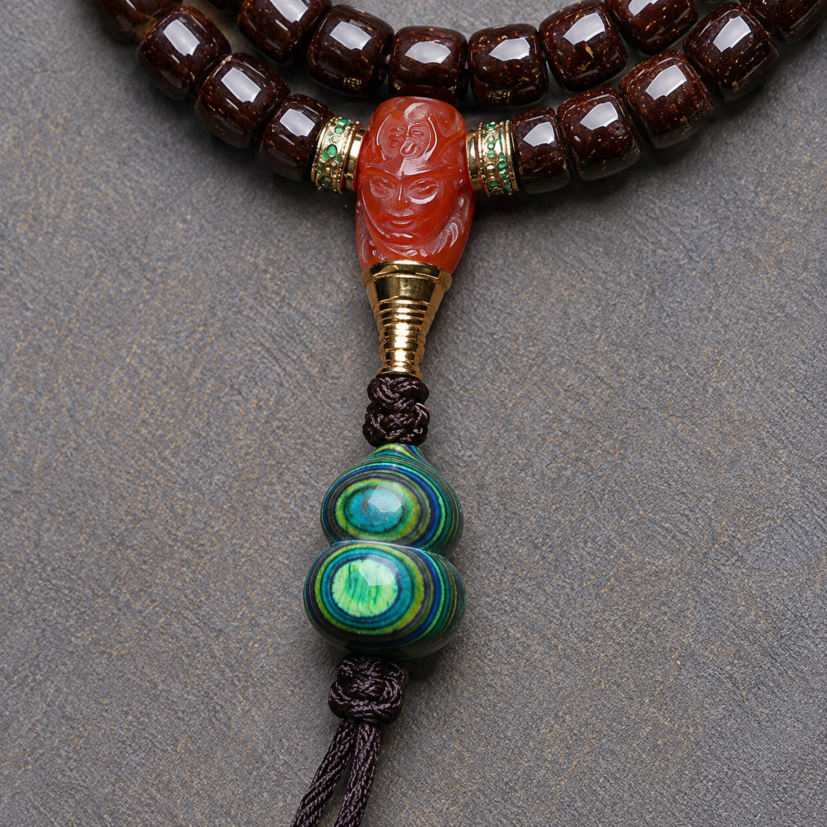 EverestArtstudios Coconut 108-Bead Mala with Dzi-Style Beads and Ghau Pendant — connection detail