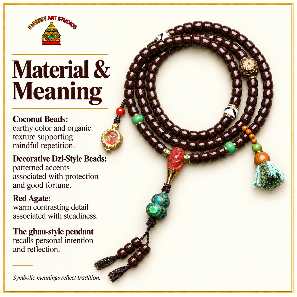 EverestArtstudios Coconut 108-Bead Mala with Dzi-Style Beads and Ghau Pendant — materials meaning