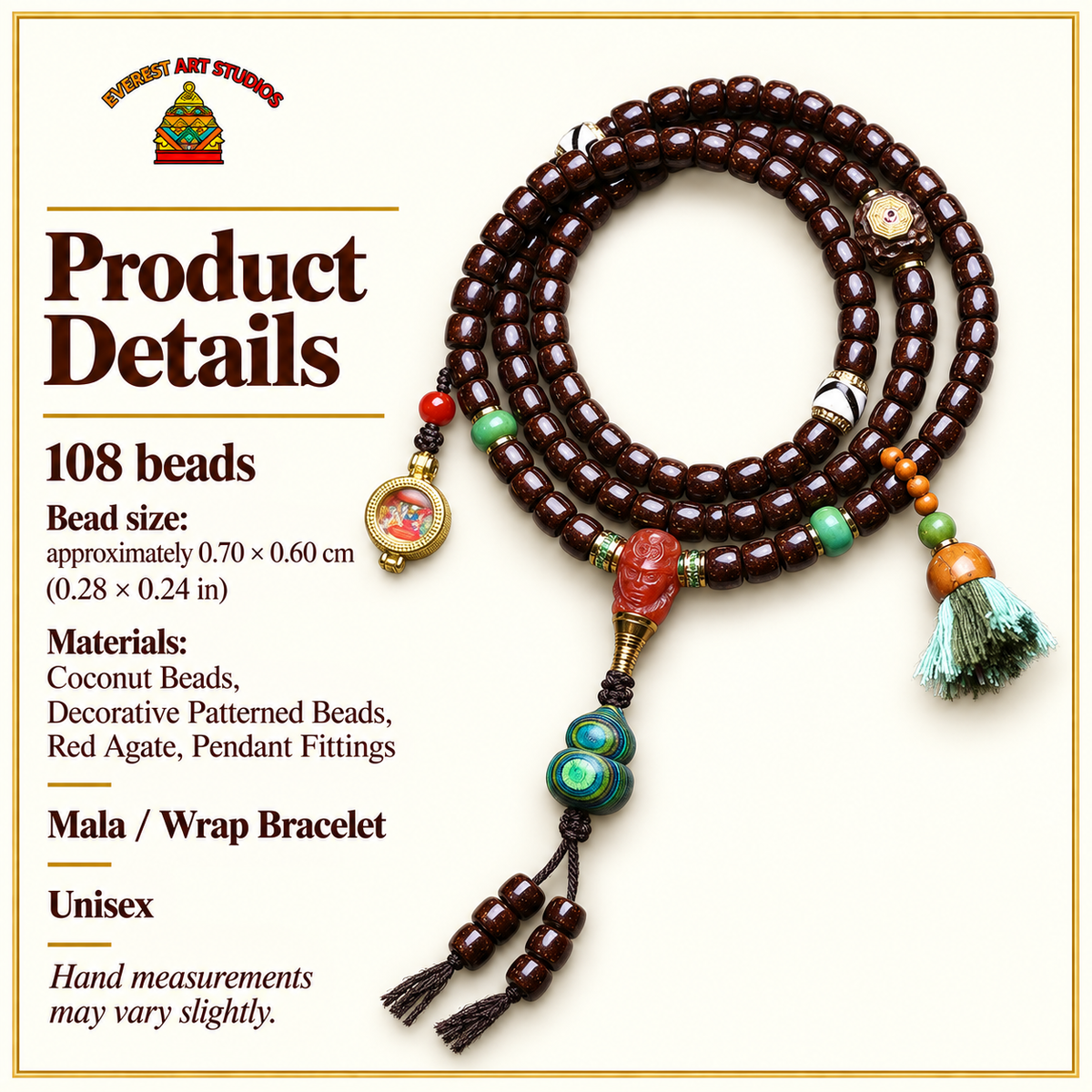 EverestArtstudios Coconut 108-Bead Mala with Dzi-Style Beads and Ghau Pendant — specifications