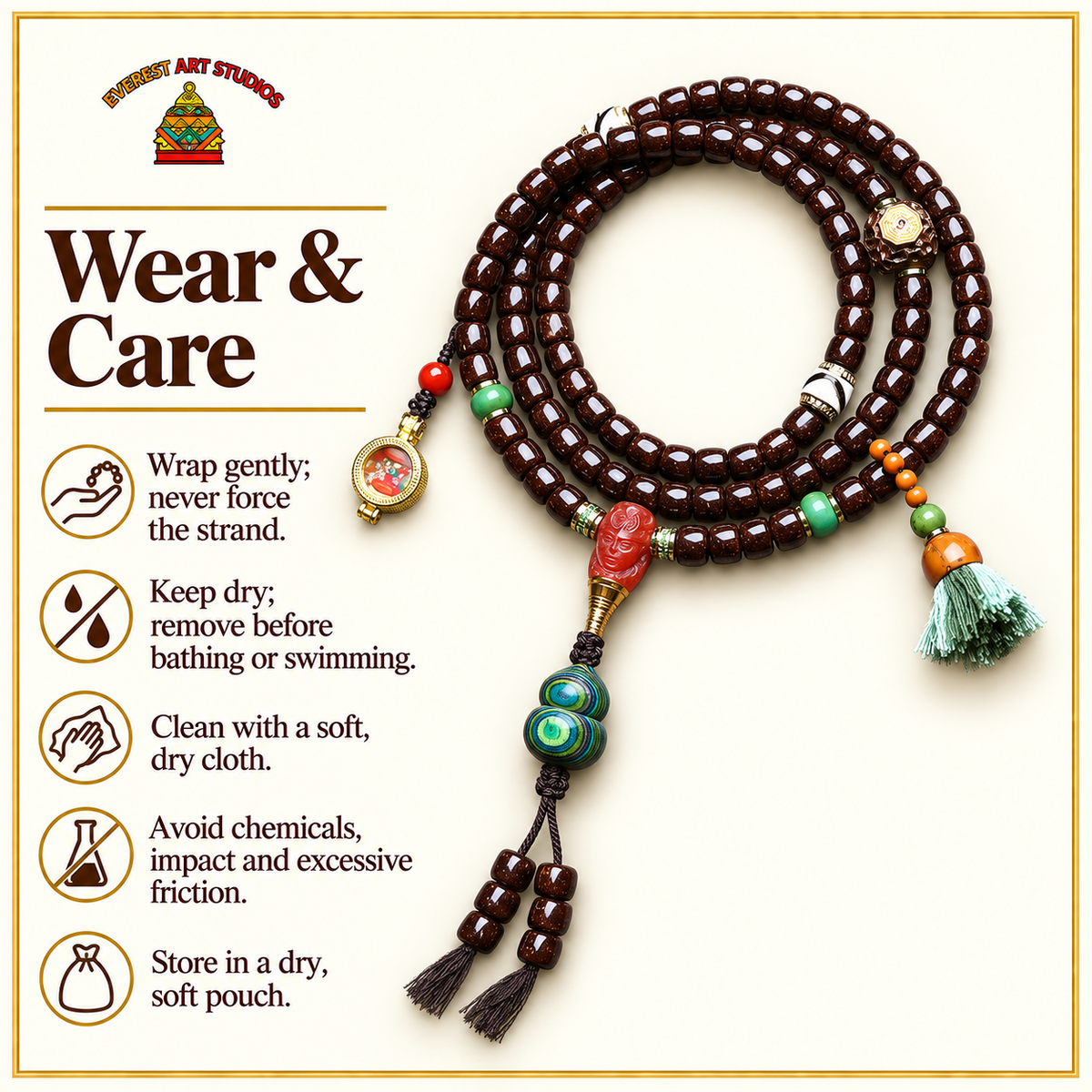 EverestArtstudios Coconut 108-Bead Mala with Dzi-Style Beads and Ghau Pendant — care