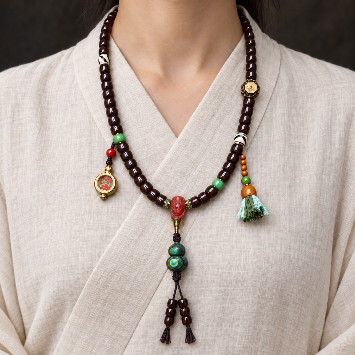 EverestArtstudios Coconut 108-Bead Mala with Dzi-Style Beads and Ghau Pendant — linen front