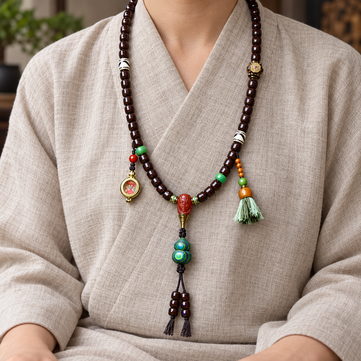 EverestArtstudios Coconut 108-Bead Mala with Dzi-Style Beads and Ghau Pendant — linen seated