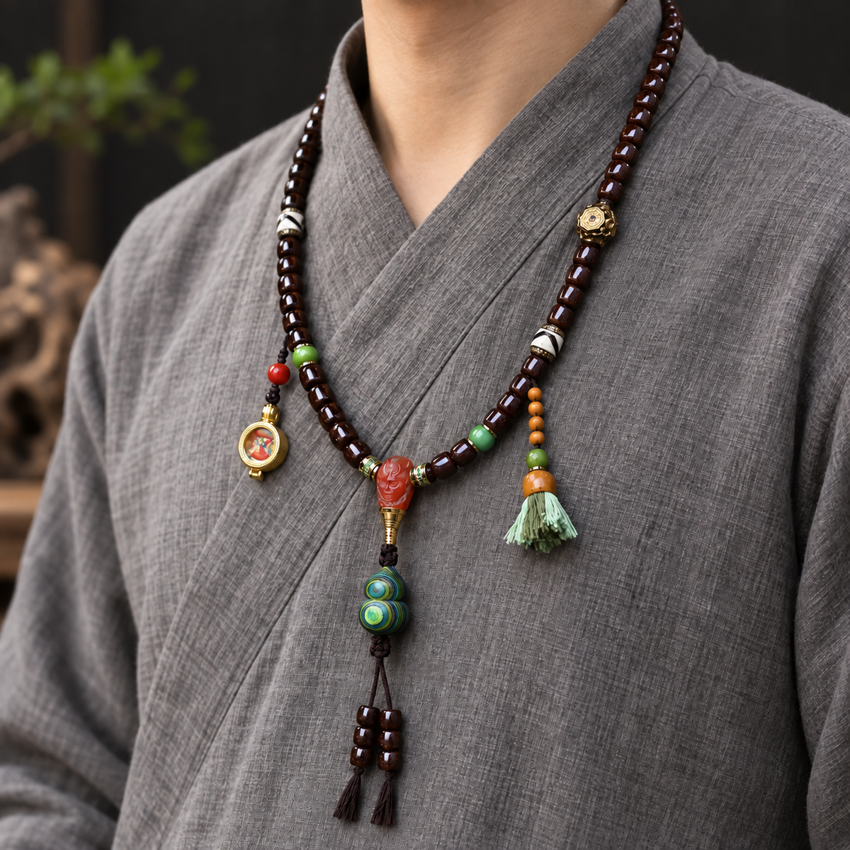 EverestArtstudios Coconut 108-Bead Mala with Dzi-Style Beads and Ghau Pendant — linen side