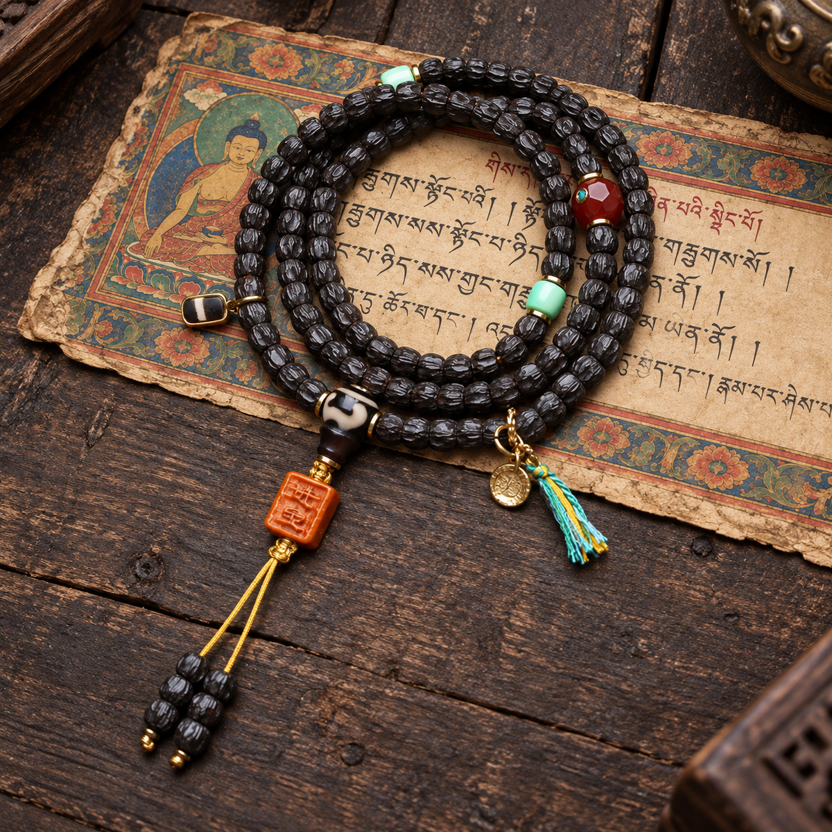 EverestArtstudios Coconut Prayer Beads with Carved Seed and Agate Accents — full product