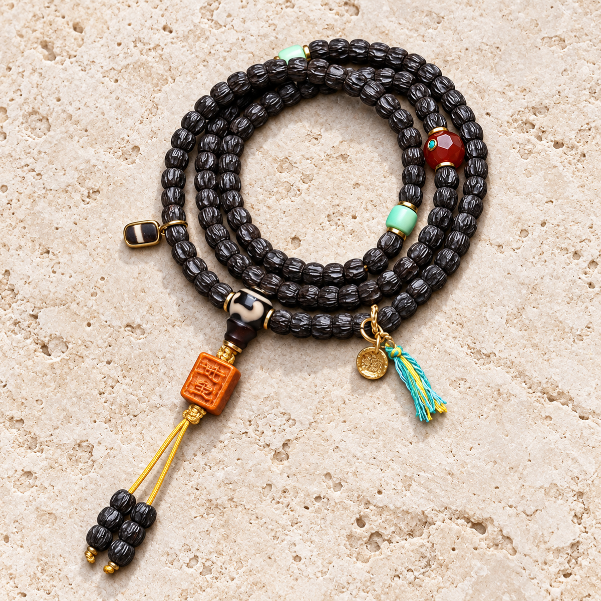 EverestArtstudios Coconut Prayer Beads with Carved Seed and Agate Accents — overall display