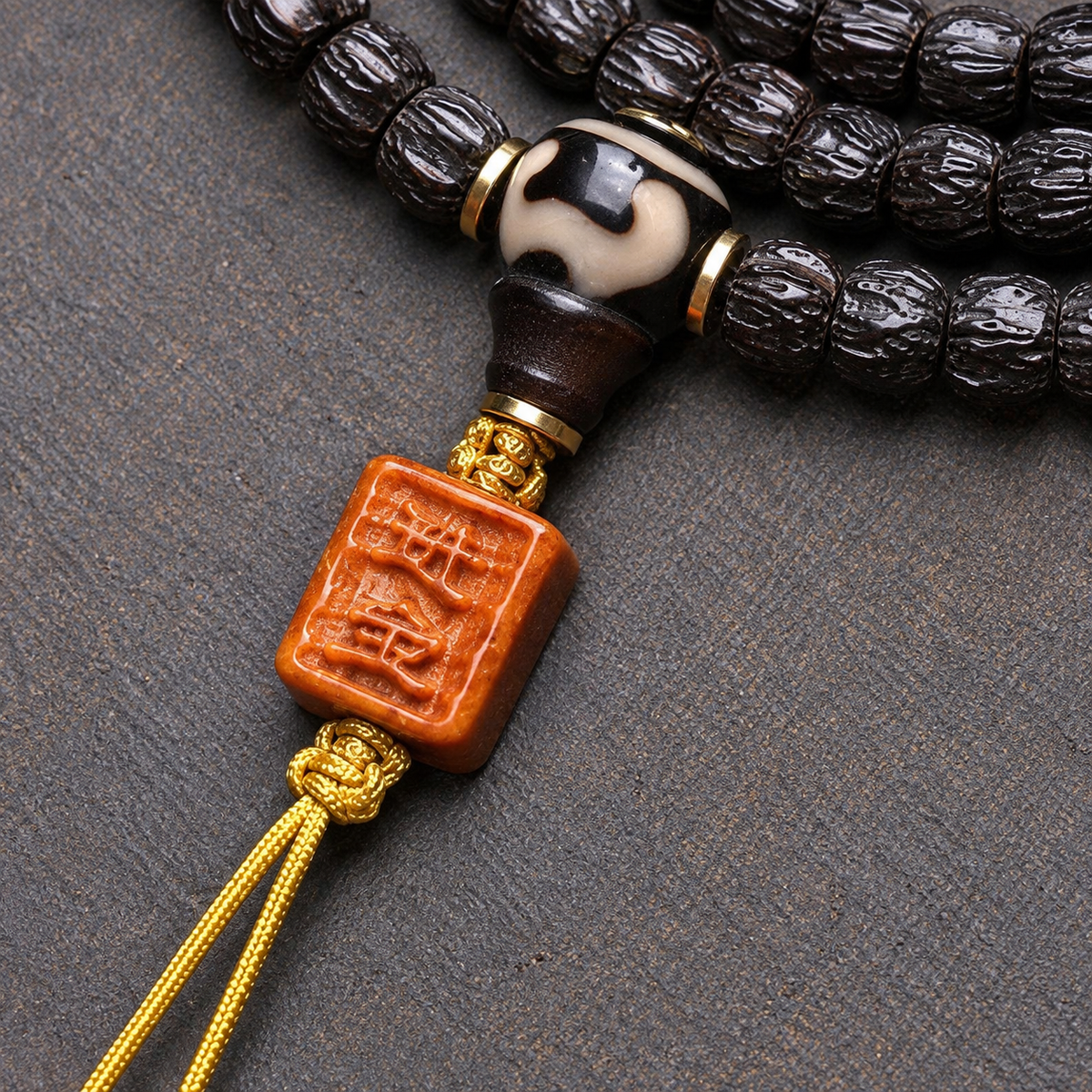 EverestArtstudios Coconut Prayer Beads with Carved Seed and Agate Accents — connection detail