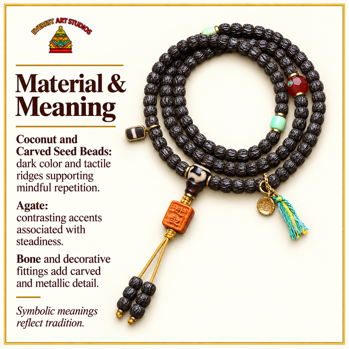 EverestArtstudios Coconut Prayer Beads with Carved Seed and Agate Accents — materials meaning