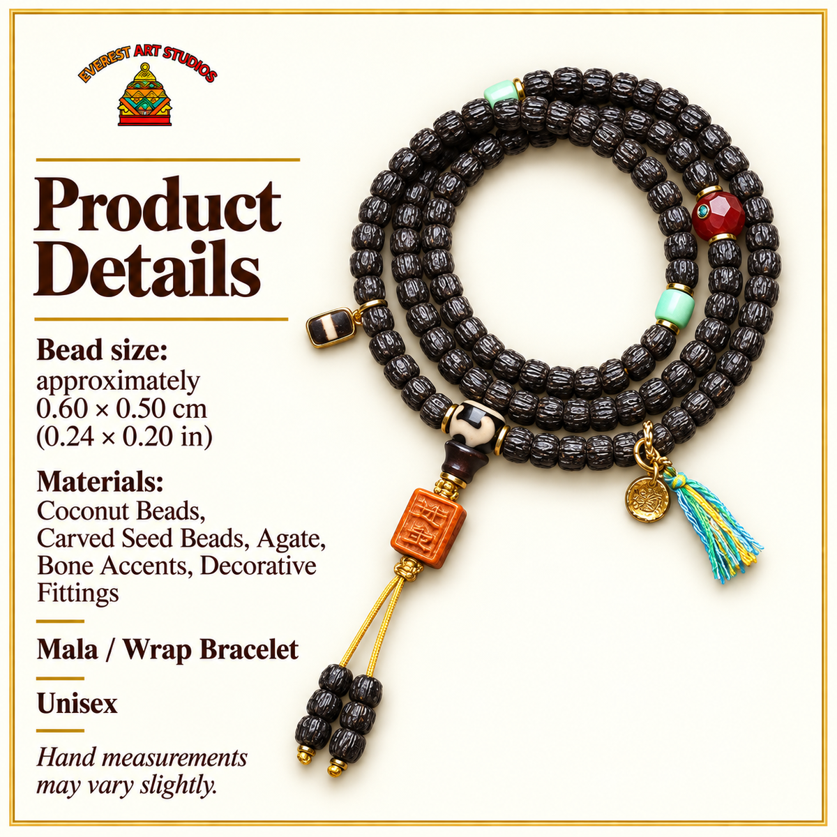 EverestArtstudios Coconut Prayer Beads with Carved Seed and Agate Accents — specifications