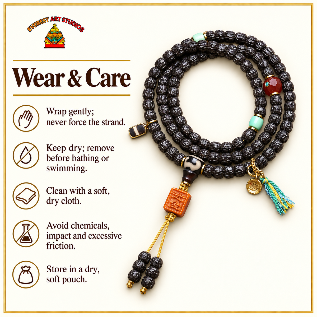 EverestArtstudios Coconut Prayer Beads with Carved Seed and Agate Accents — care