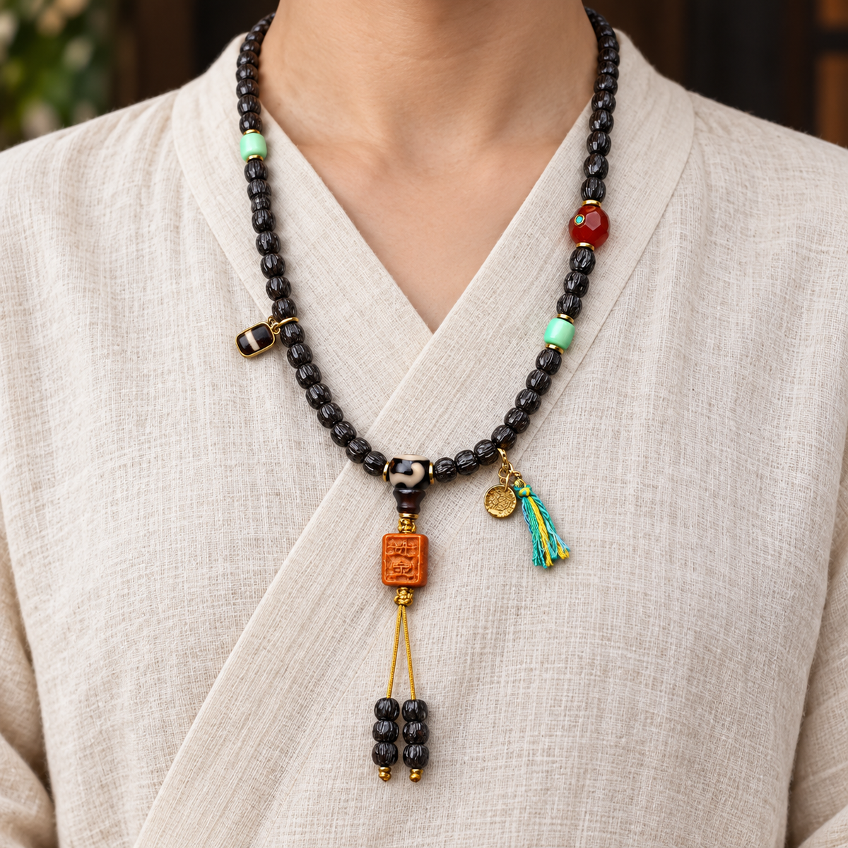 EverestArtstudios Coconut Prayer Beads with Carved Seed and Agate Accents — linen front