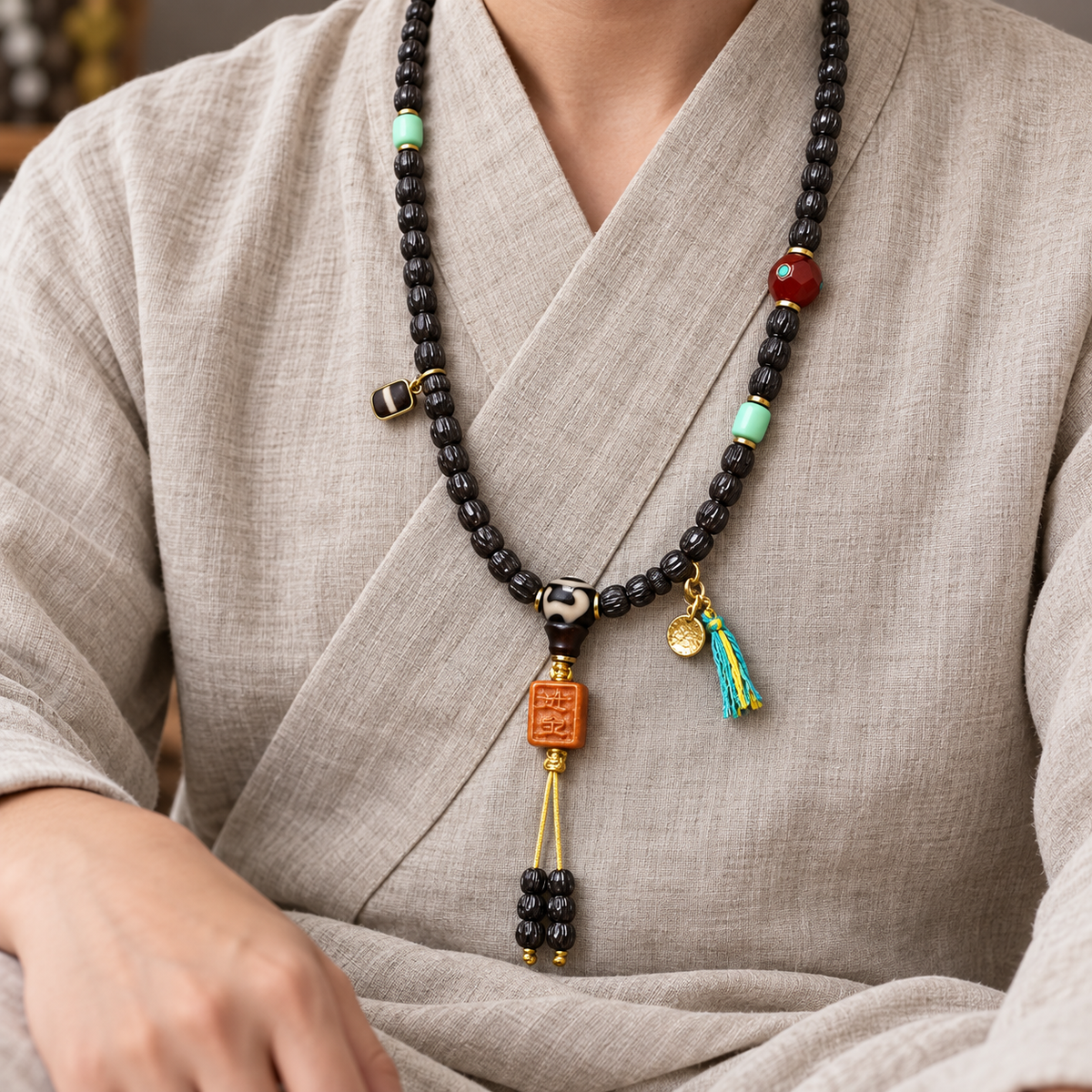 EverestArtstudios Coconut Prayer Beads with Carved Seed and Agate Accents — linen seated