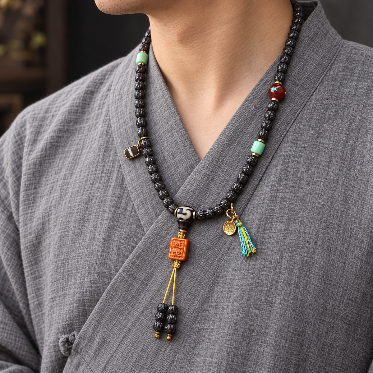 EverestArtstudios Coconut Prayer Beads with Carved Seed and Agate Accents — linen side
