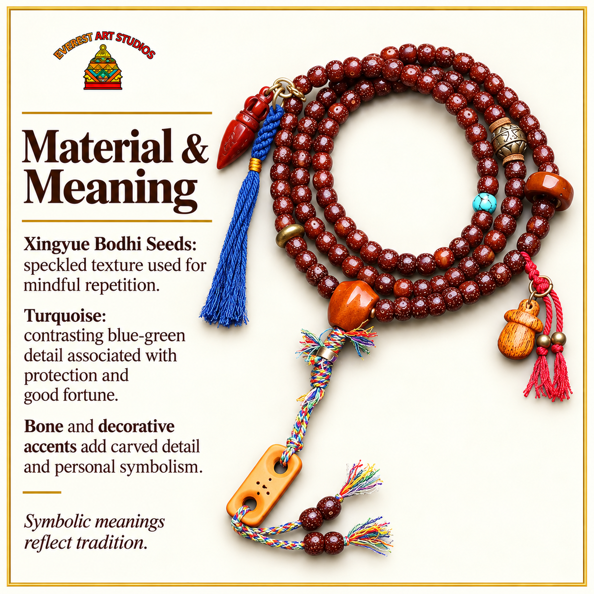 EverestArtstudios Xingyue Bodhi Mala with Turquoise and Carved Accents — materials meaning