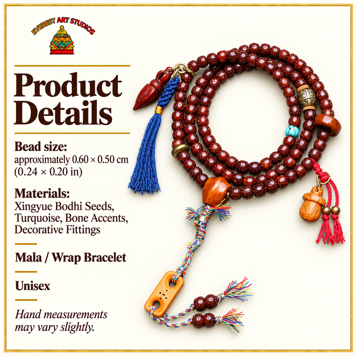 EverestArtstudios Xingyue Bodhi Mala with Turquoise and Carved Accents — specifications
