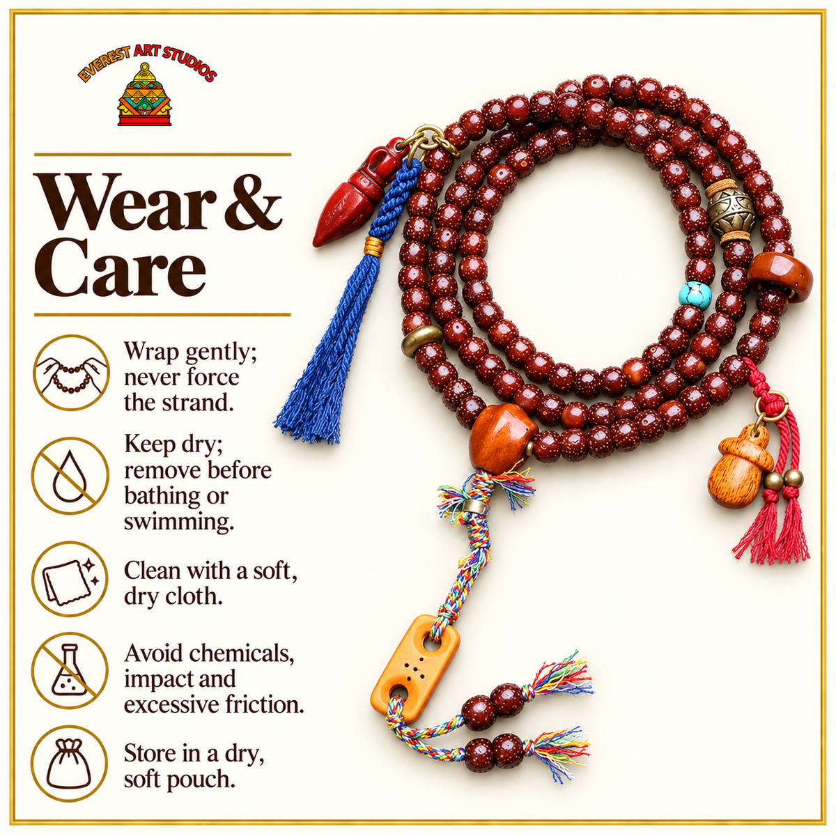 EverestArtstudios Xingyue Bodhi Mala with Turquoise and Carved Accents — care