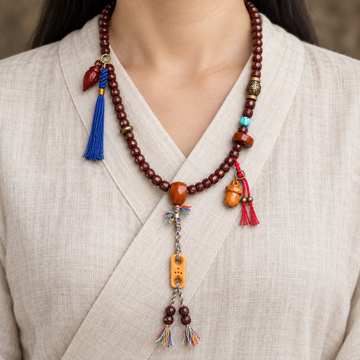 EverestArtstudios Xingyue Bodhi Mala with Turquoise and Carved Accents — linen front