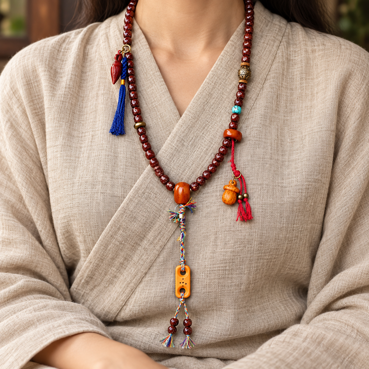 EverestArtstudios Xingyue Bodhi Mala with Turquoise and Carved Accents — linen seated