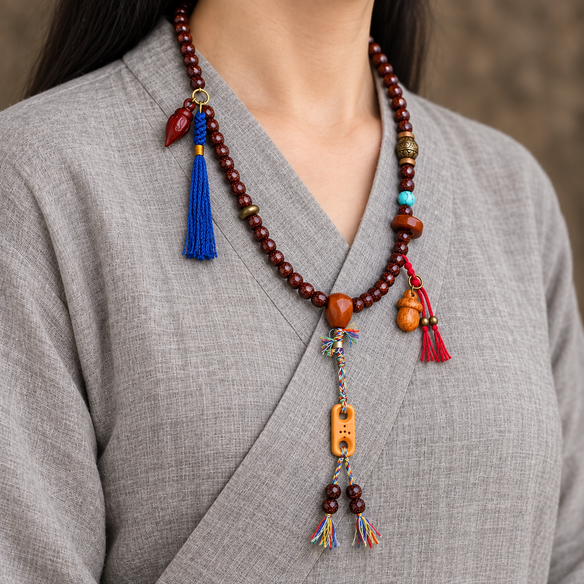 EverestArtstudios Xingyue Bodhi Mala with Turquoise and Carved Accents — linen side