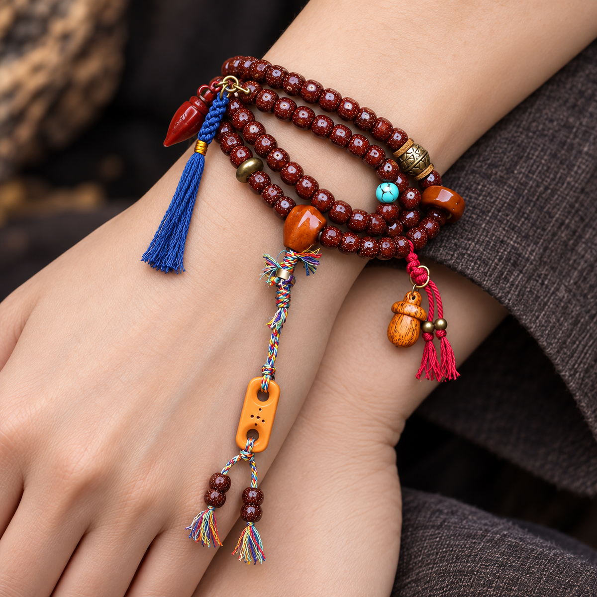 EverestArtstudios Xingyue Bodhi Mala with Turquoise and Carved Accents — wrist crossed