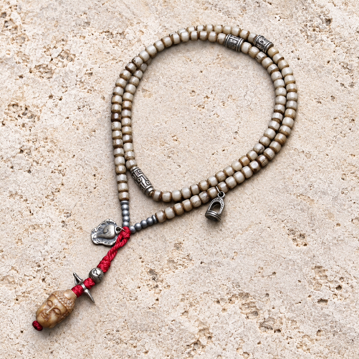 EverestArtstudios Bone 108-Bead Mala with Nine-Eye Motif and Conch Accents — overall display