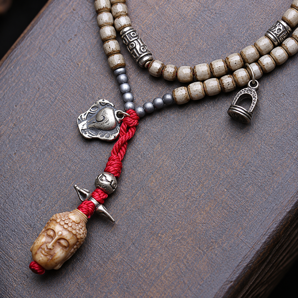 EverestArtstudios Bone 108-Bead Mala with Nine-Eye Motif and Conch Accents — connection detail