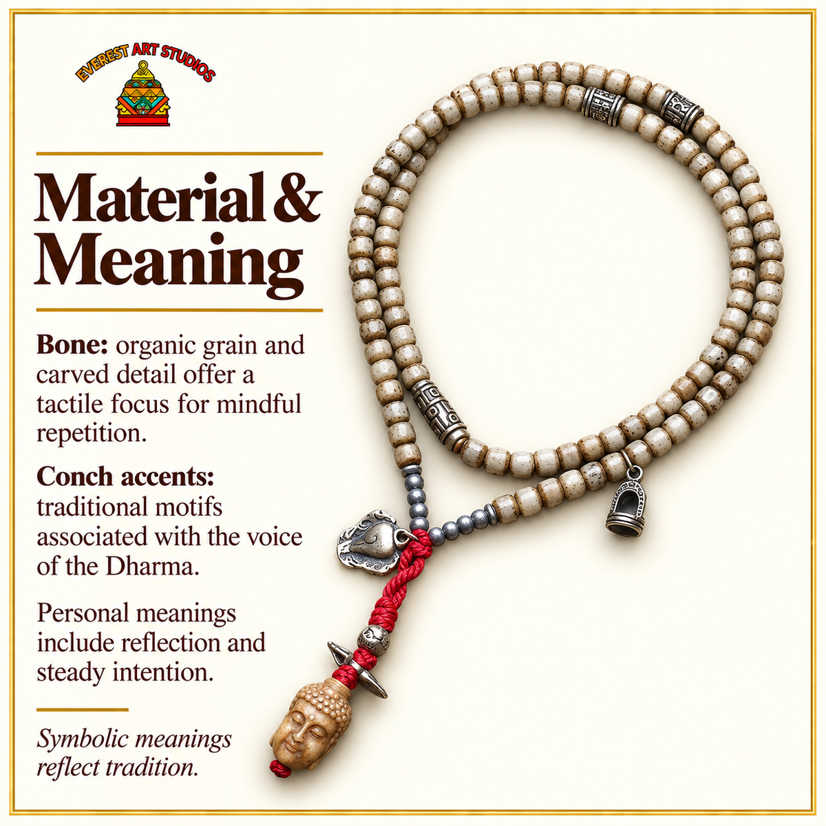 EverestArtstudios Bone 108-Bead Mala with Nine-Eye Motif and Conch Accents — materials meaning
