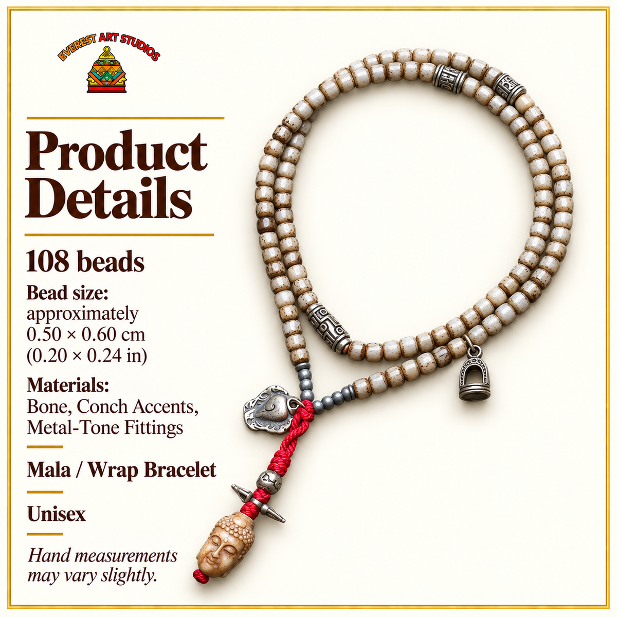 EverestArtstudios Bone 108-Bead Mala with Nine-Eye Motif and Conch Accents — specifications