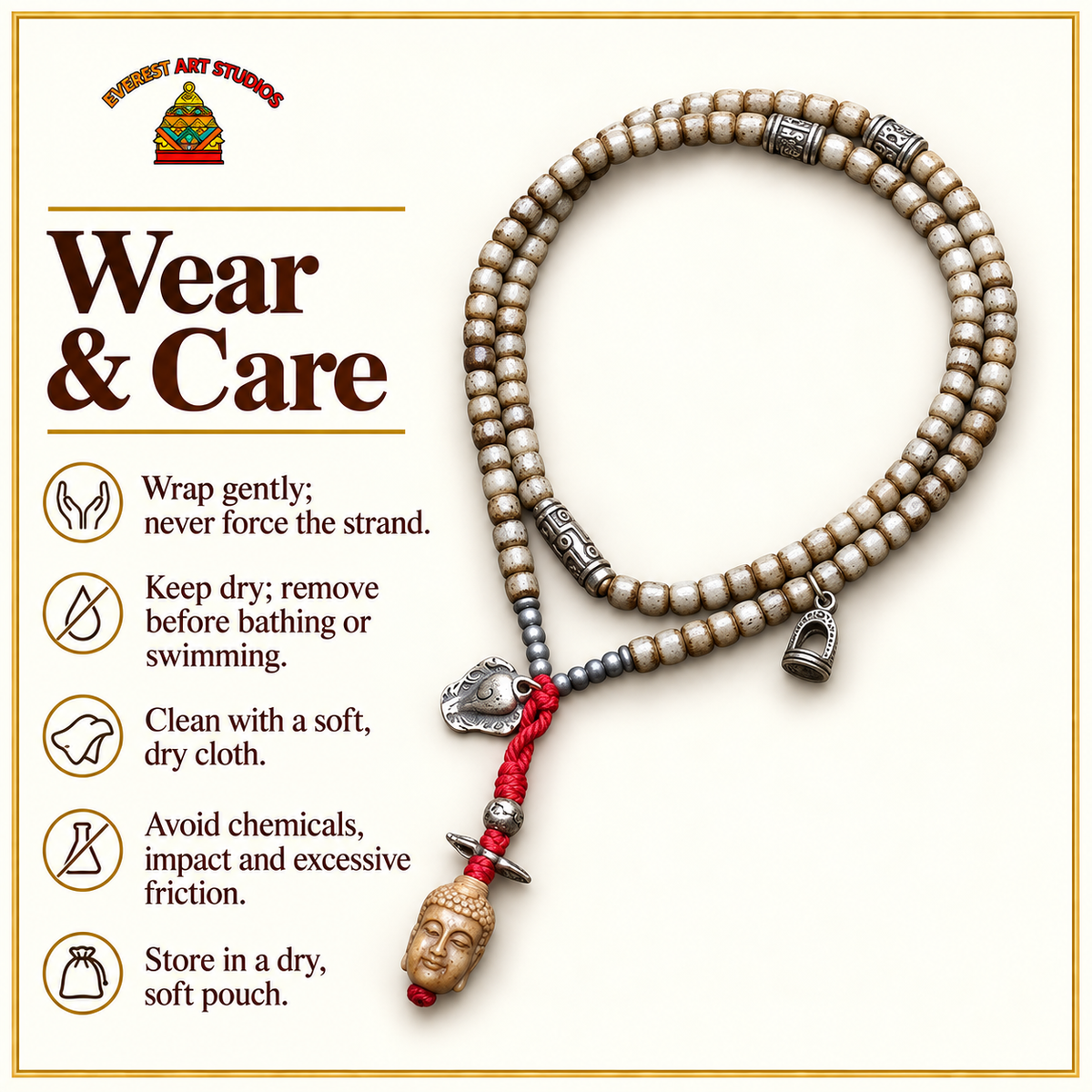 EverestArtstudios Bone 108-Bead Mala with Nine-Eye Motif and Conch Accents — care