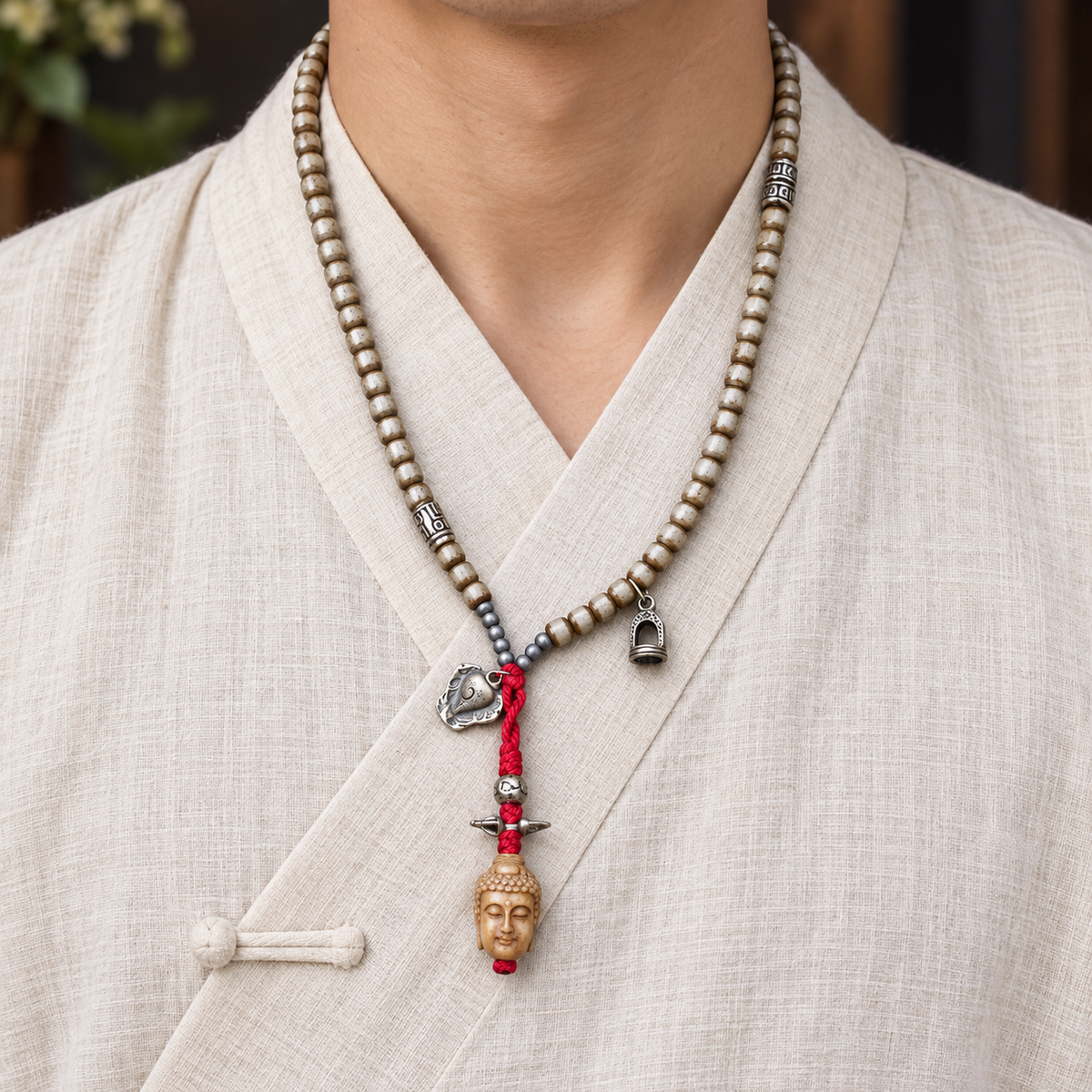 EverestArtstudios Bone 108-Bead Mala with Nine-Eye Motif and Conch Accents — linen front