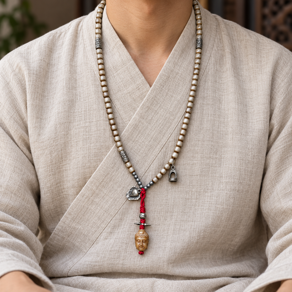 EverestArtstudios Bone 108-Bead Mala with Nine-Eye Motif and Conch Accents — linen seated