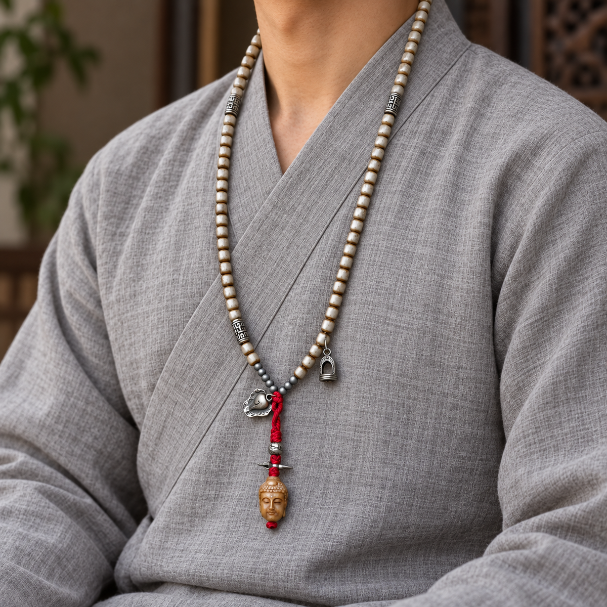 EverestArtstudios Bone 108-Bead Mala with Nine-Eye Motif and Conch Accents — linen side