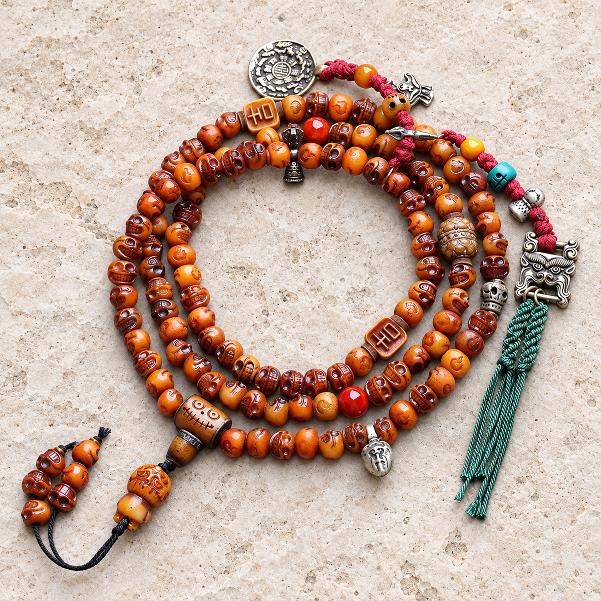 EverestArtstudios Carved Bone 108-Bead Mala with Yak Bone and Lotus Accents — overall display