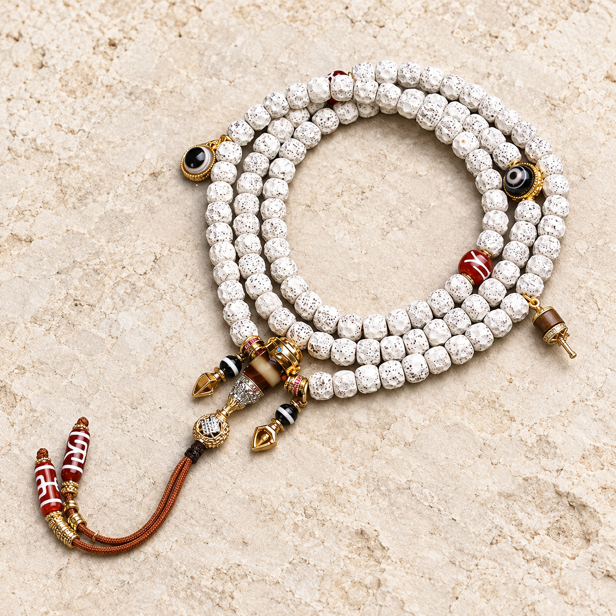 EverestArtstudios Carved Xingyue Bodhi 108-Bead Mala with Dzi-Style Agate Accents — overall display