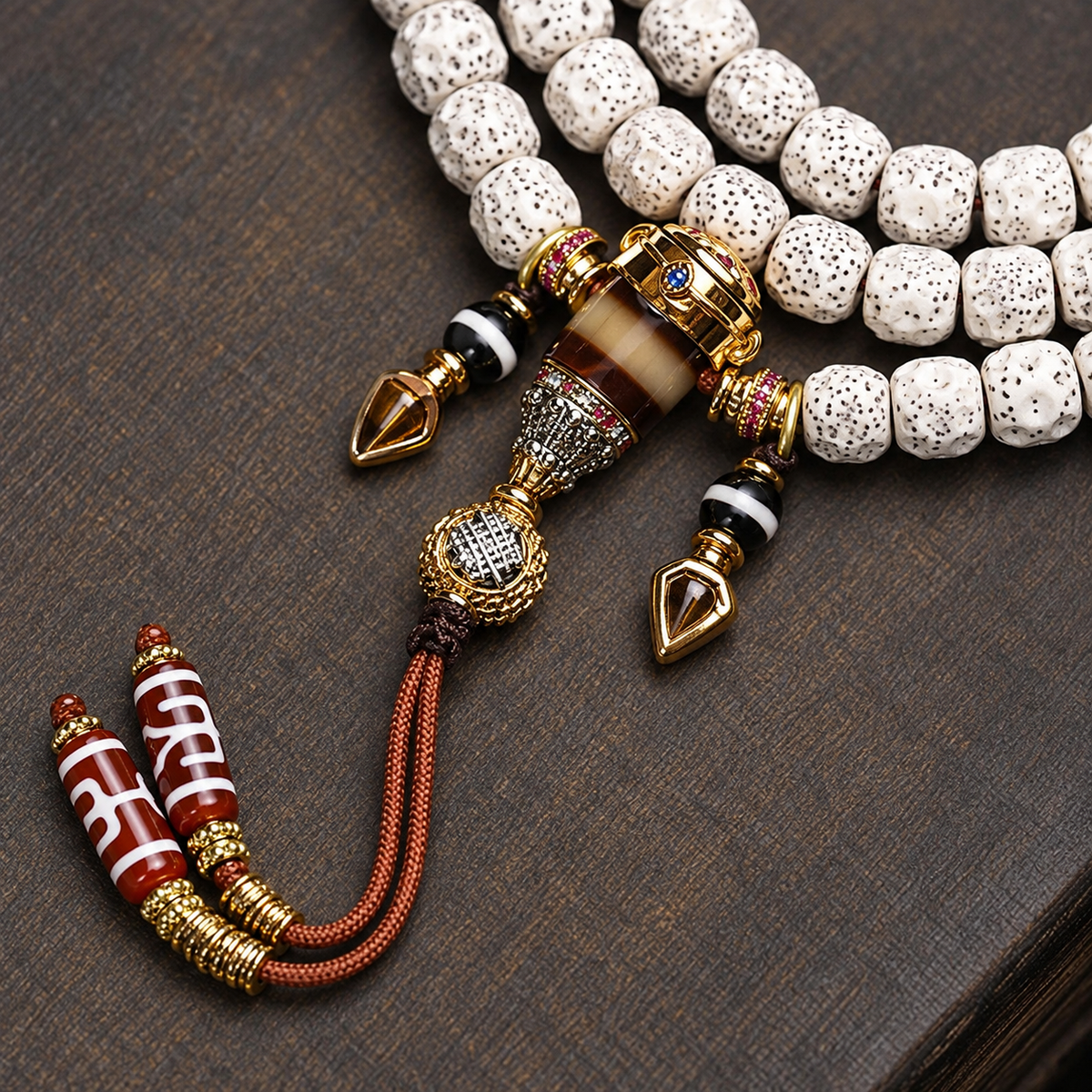 EverestArtstudios Carved Xingyue Bodhi 108-Bead Mala with Dzi-Style Agate Accents — connection detail