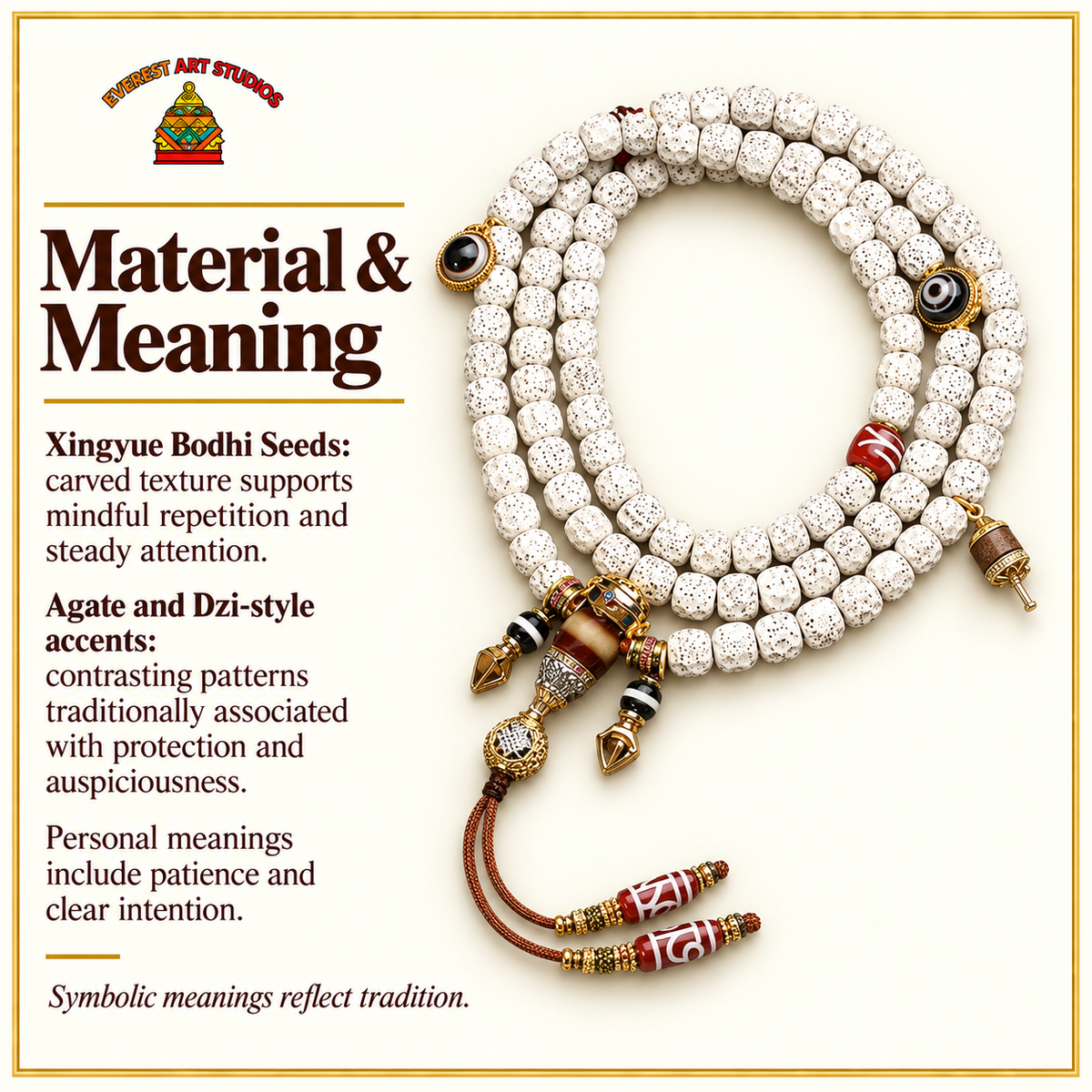 EverestArtstudios Carved Xingyue Bodhi 108-Bead Mala with Dzi-Style Agate Accents — materials meaning