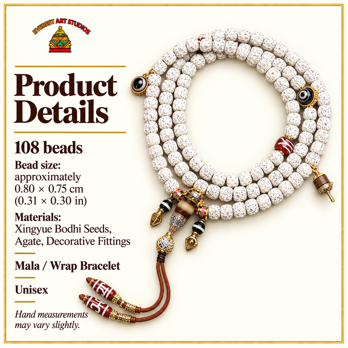 EverestArtstudios Carved Xingyue Bodhi 108-Bead Mala with Dzi-Style Agate Accents — specifications