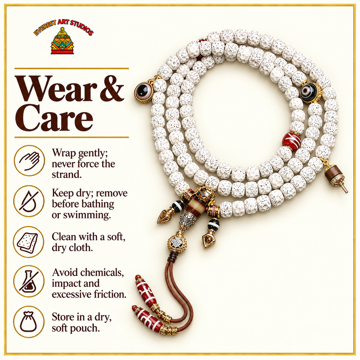 EverestArtstudios Carved Xingyue Bodhi 108-Bead Mala with Dzi-Style Agate Accents — care