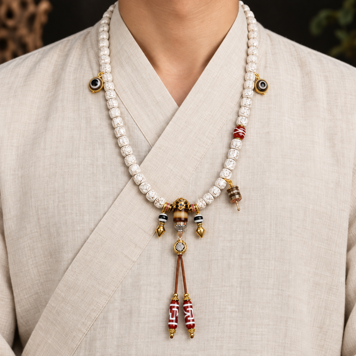 EverestArtstudios Carved Xingyue Bodhi 108-Bead Mala with Dzi-Style Agate Accents — linen front