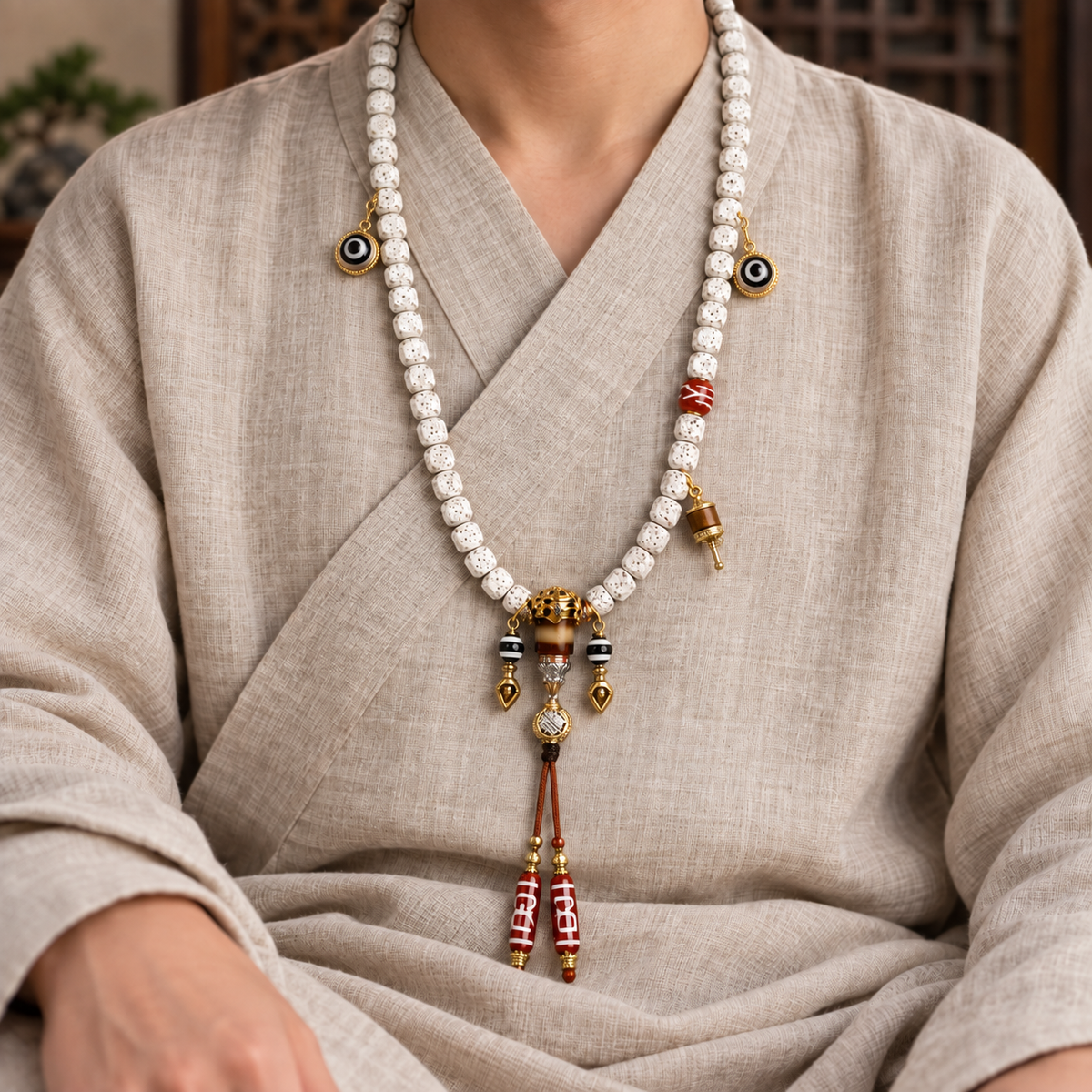 EverestArtstudios Carved Xingyue Bodhi 108-Bead Mala with Dzi-Style Agate Accents — linen seated