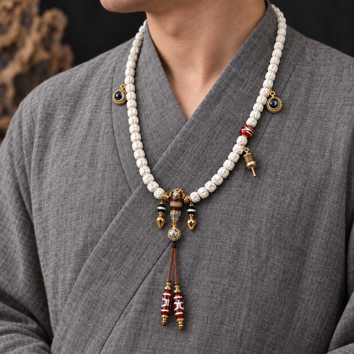 EverestArtstudios Carved Xingyue Bodhi 108-Bead Mala with Dzi-Style Agate Accents — linen side