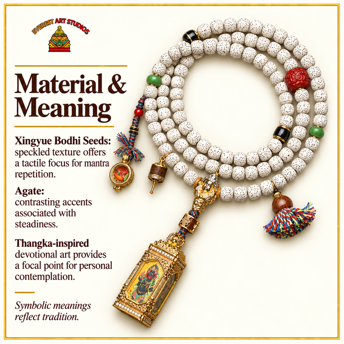 EverestArtstudios Xingyue Bodhi 108-Bead Mala with Four-Sided Thangka and Agate Accents — materials meaning