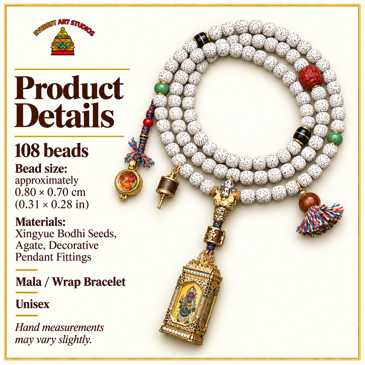 EverestArtstudios Xingyue Bodhi 108-Bead Mala with Four-Sided Thangka and Agate Accents — specifications