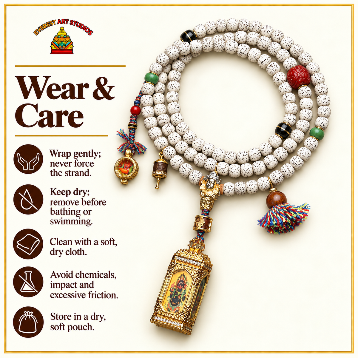 EverestArtstudios Xingyue Bodhi 108-Bead Mala with Four-Sided Thangka and Agate Accents — care