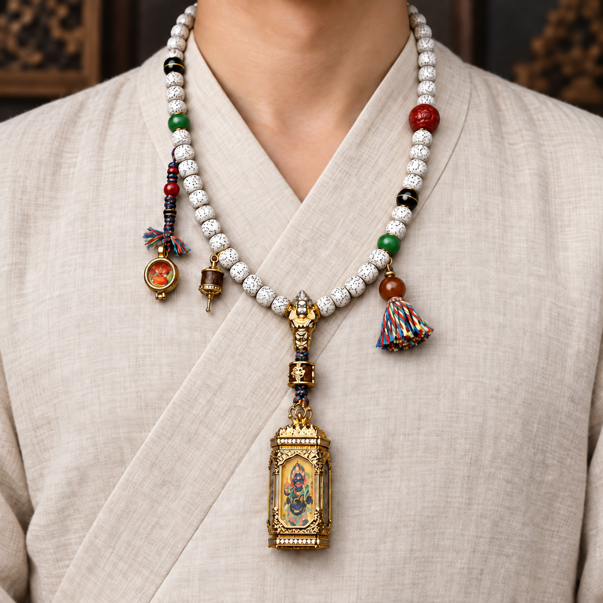 EverestArtstudios Xingyue Bodhi 108-Bead Mala with Four-Sided Thangka and Agate Accents — linen front