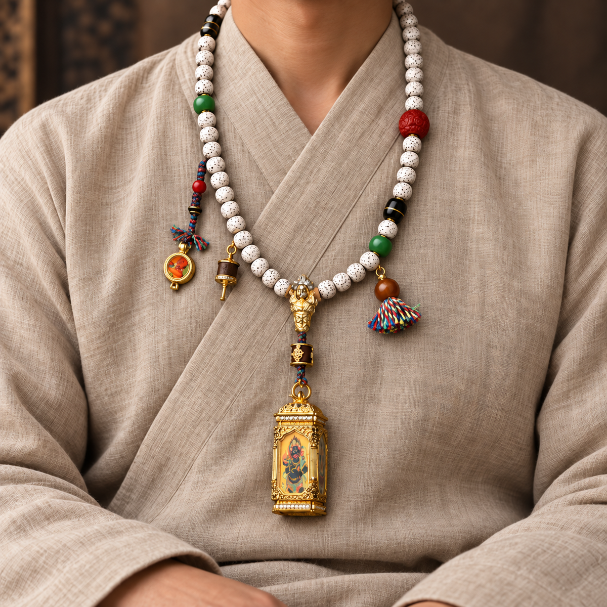EverestArtstudios Xingyue Bodhi 108-Bead Mala with Four-Sided Thangka and Agate Accents — linen seated