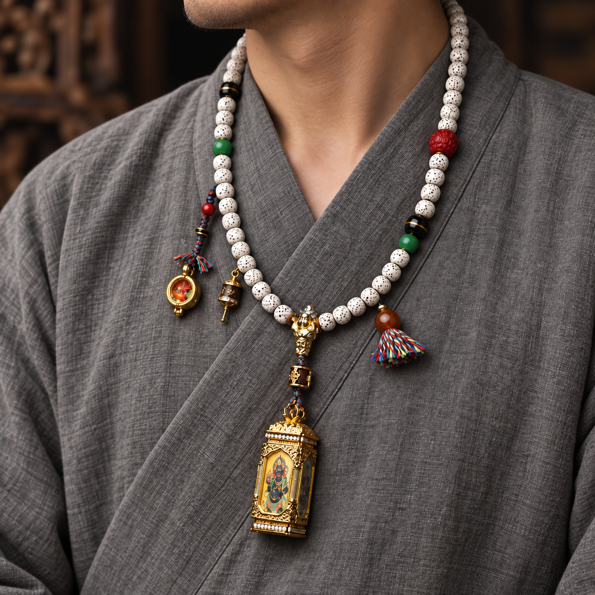 EverestArtstudios Xingyue Bodhi 108-Bead Mala with Four-Sided Thangka and Agate Accents — linen side