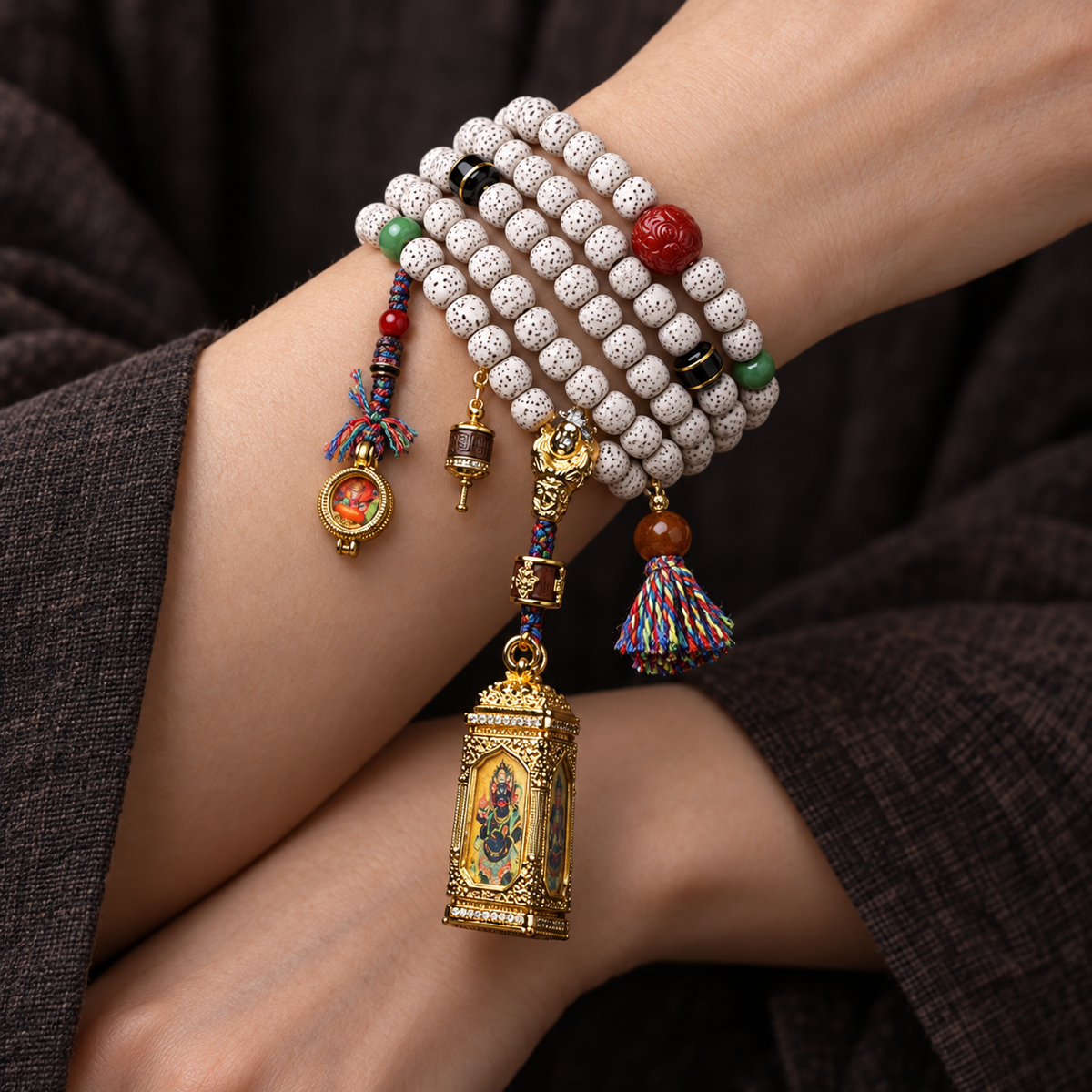 EverestArtstudios Xingyue Bodhi 108-Bead Mala with Four-Sided Thangka and Agate Accents — wrist crossed