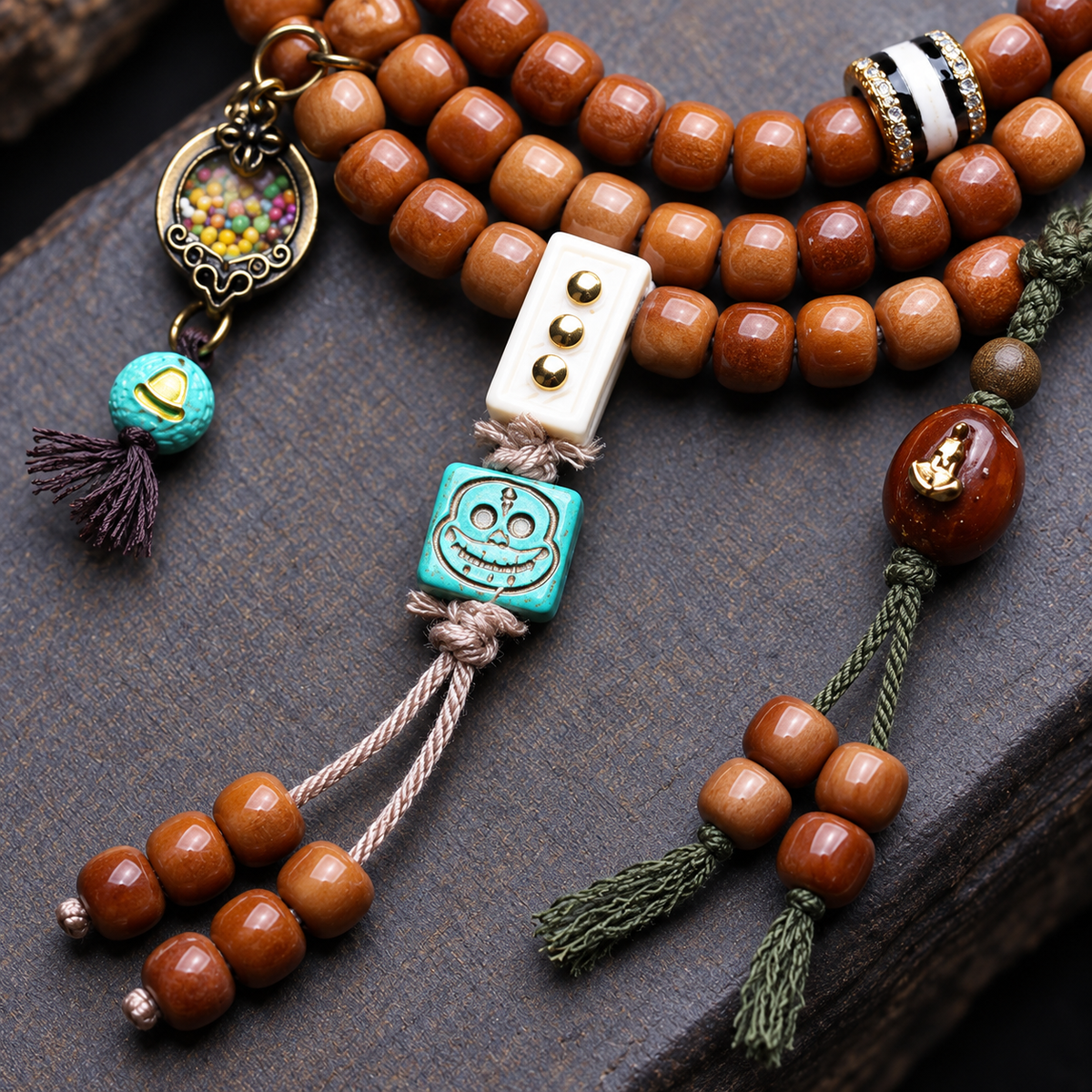 EverestArtstudios 108-Bead Mala with Phoenix Eye Bodhi, Agate and Antler Accents — connection detail