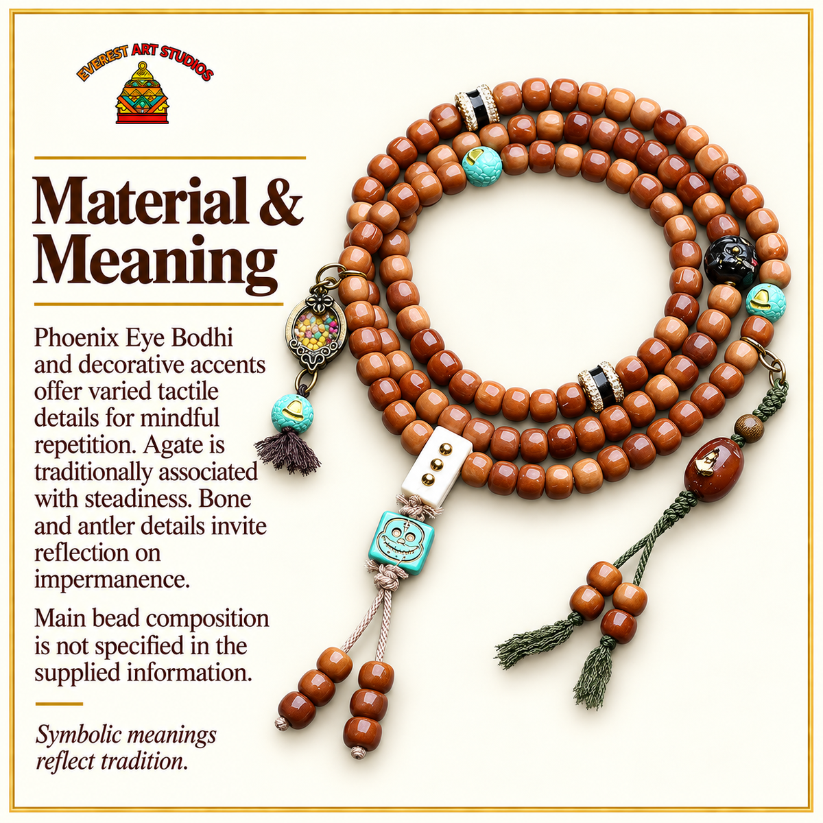 EverestArtstudios 108-Bead Mala with Phoenix Eye Bodhi, Agate and Antler Accents — materials meaning